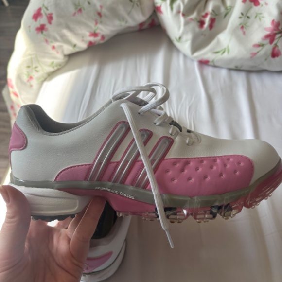White and pink women’s adidas golf shoes - Picture 4 of 6